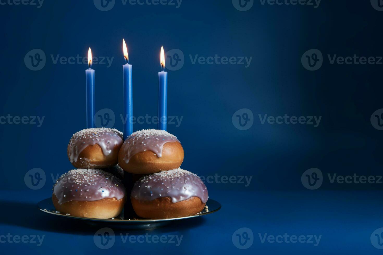 AI Generated Hanukkah donuts with powdered sugar on a blue background. photo
