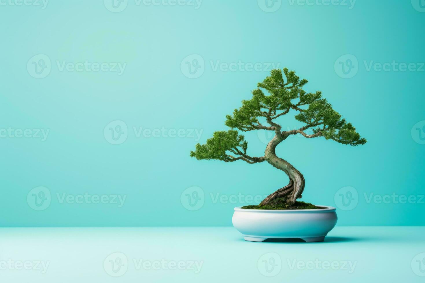 AI Generated Miniature bonsai tree in a ceramic pot on a background with a copy space. photo