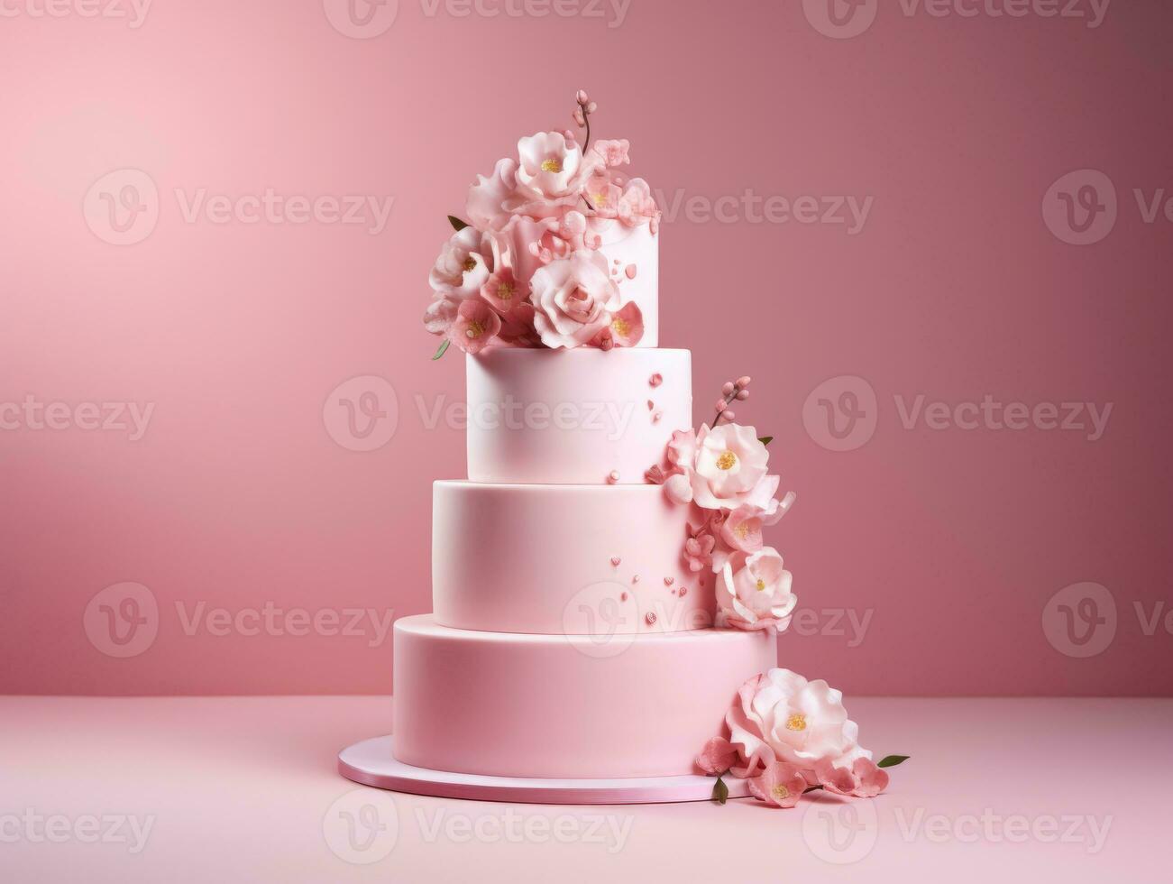 AI Generated Beautiful multitiered cake decorated with flowers. photo
