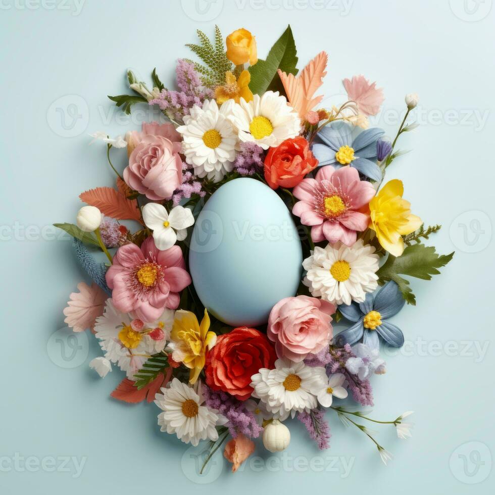 AI Generated Easter creative composition with Easter eggs and spring flowers photo