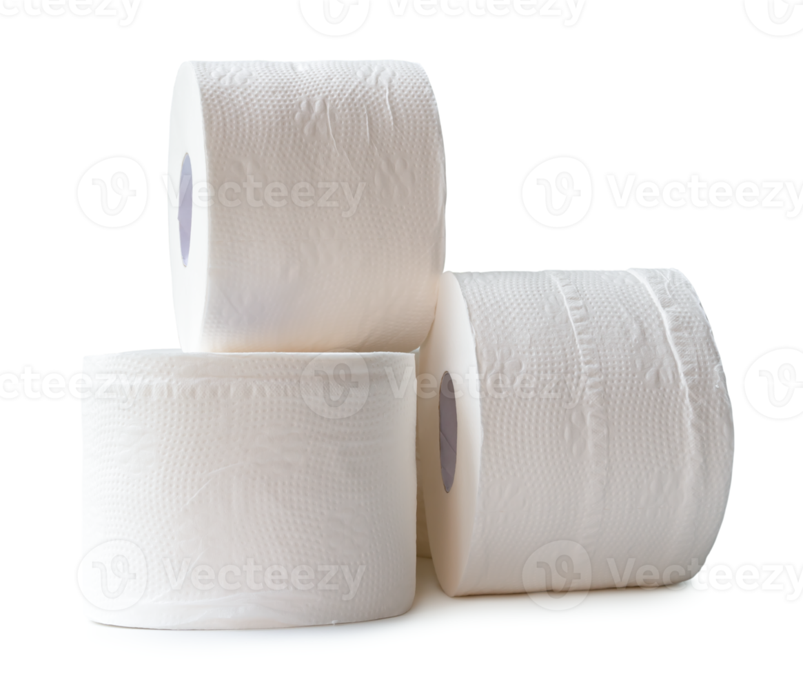 Three rolls of white tissue paper or napkin in stack prepared for use in toilet or restroom isolated with clipping path and shadow in png file format.