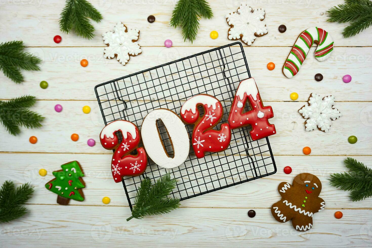 The numbers 2024 from gingerbread. New Year's background. Christmas dessert. photo