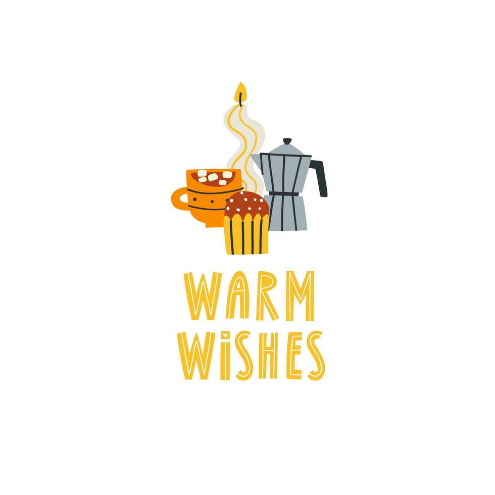 un café fabricante, un taza y un pastel con el inscripción calentar deseos. saludo tarjeta. vector ilustración en plano estilo.