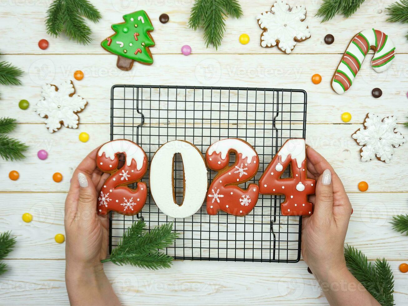 The numbers 2024 from gingerbread. New Year's background. Christmas