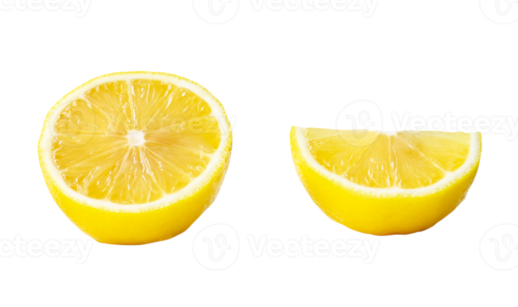 Fresh beautiful yellow lemon half with quarter in set isolated with clipping path in png file format. Front view and flat lay