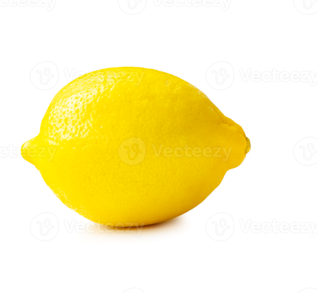 Single fresh beautiful yellow lemon isolated with clipping path and shadow in png file format. Front view and flat lay