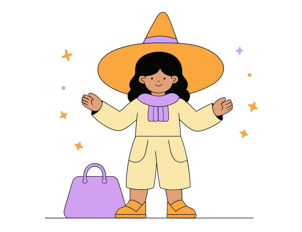 Baby in big hat, flat vector illustration.