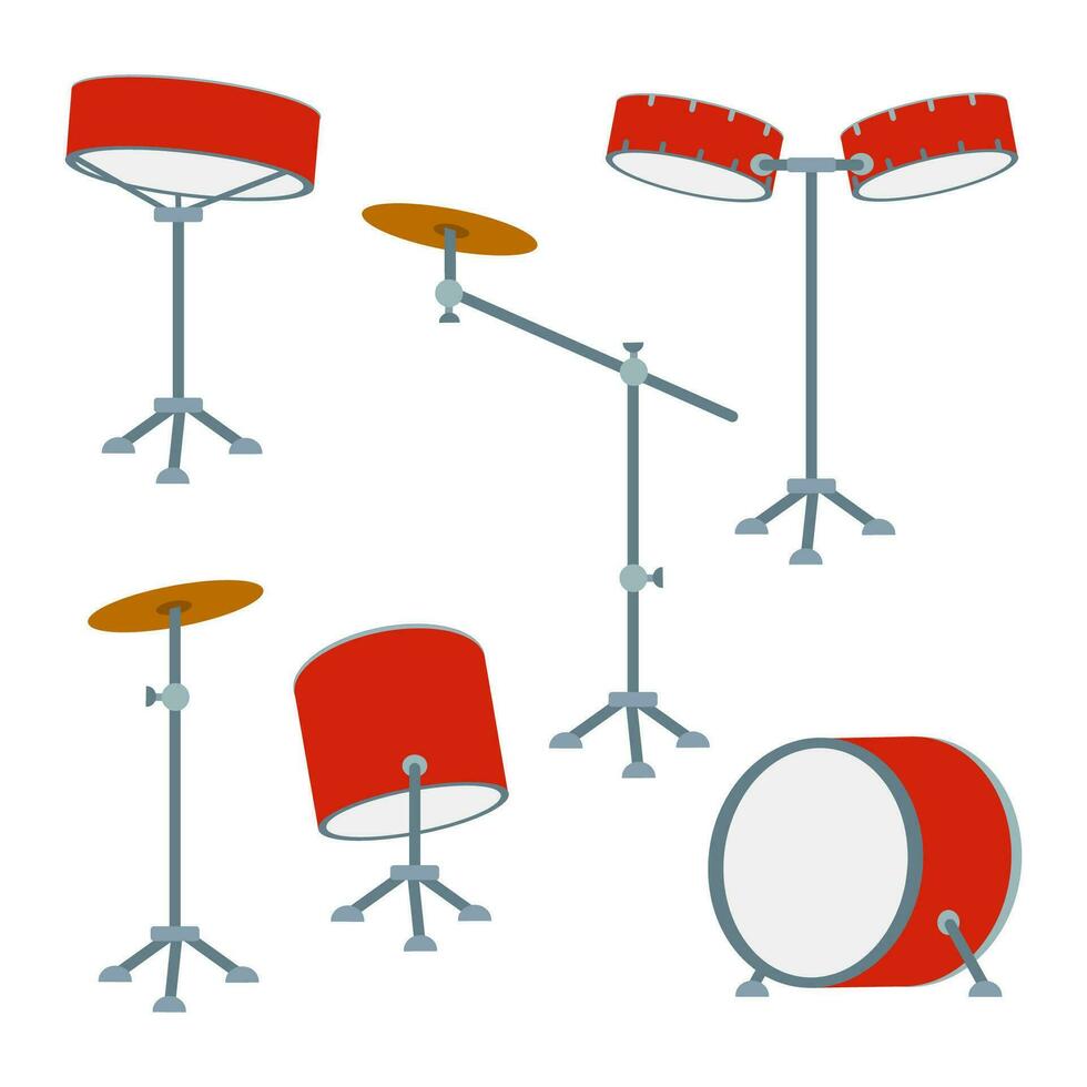 conjunto de batería. vector percusión instrumentos en plano estilo. varios clásico orquestal ritmo equipo para concierto. dibujos animados gráfico diseño elemento, logo, pegatina embalar. aislado en blanco ilustración