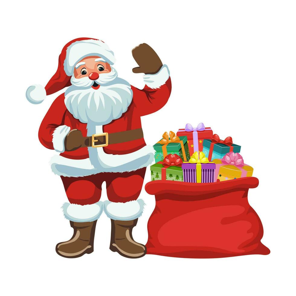 Santa claus with presents. Cheerful Santa Claus stands and waves his hand next to a sack full of gifts. Traditional Christmas and New Year character. Vector illustration isolated on white background.