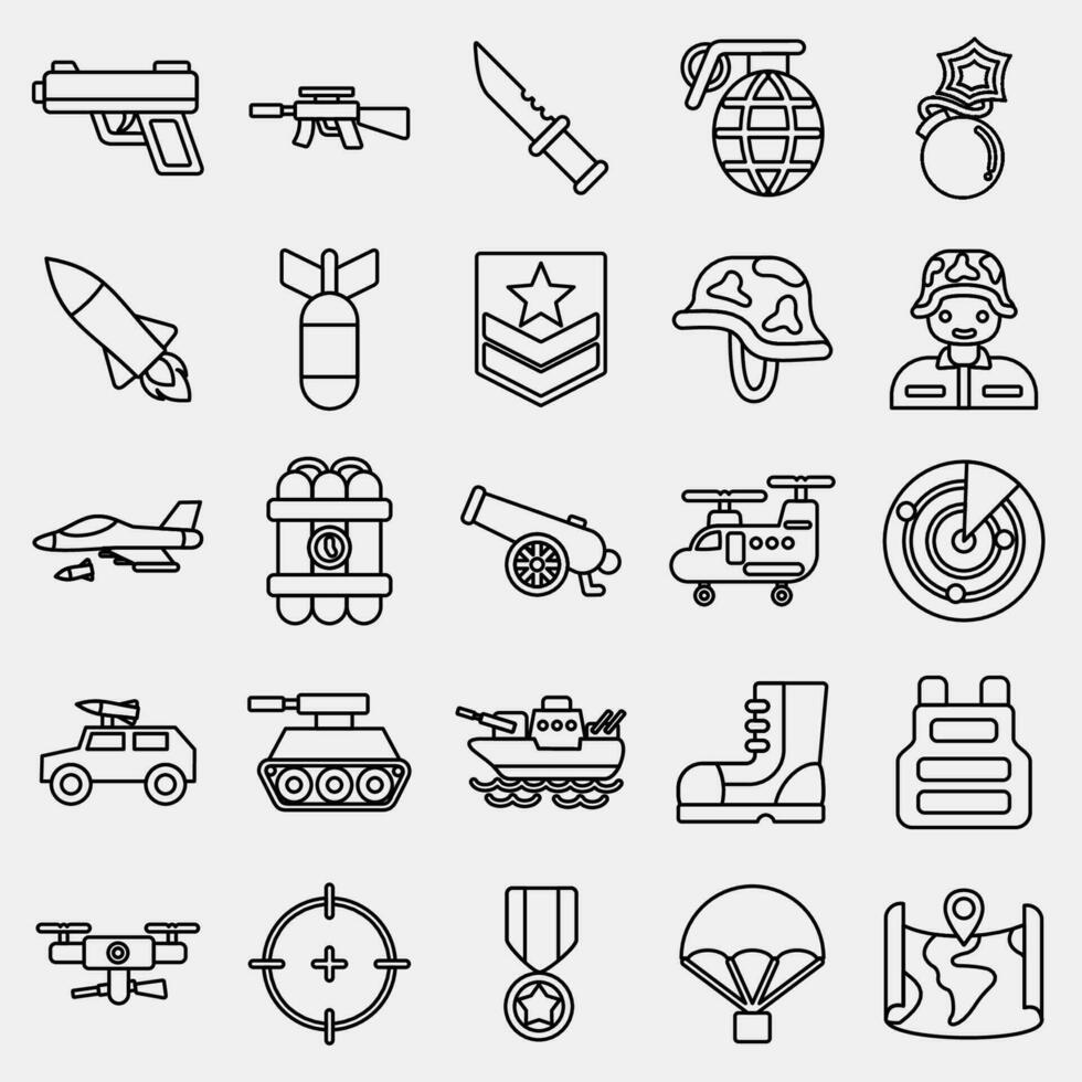 icono conjunto de militar. militar elementos. íconos en línea estilo. bueno para huellas dactilares, carteles, logo, infografía, etc. vector