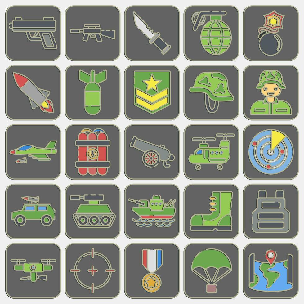 Icon set of military. Military elements. Icons in embossed style. Good for prints, posters, logo, infographics, etc. vector