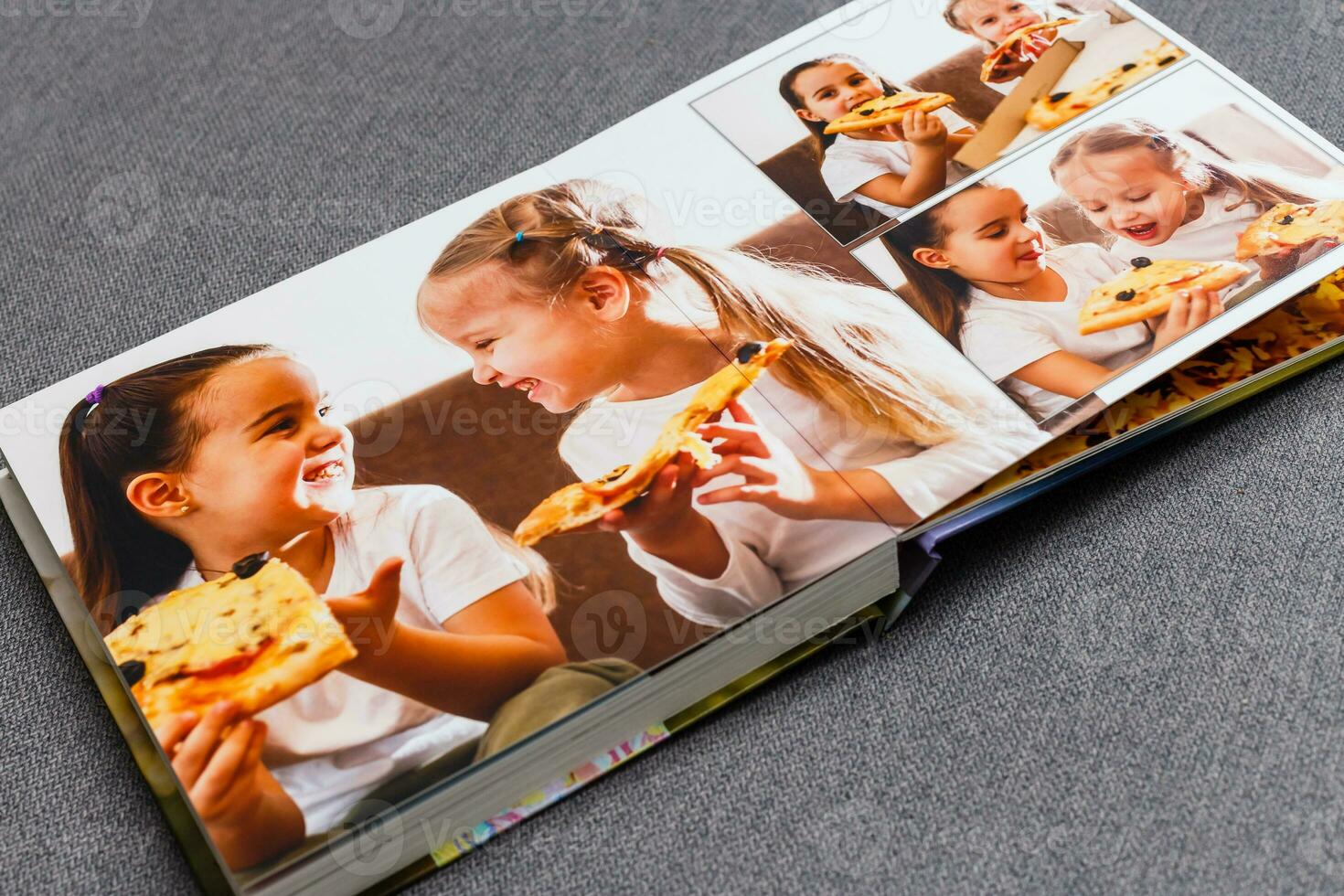 children's photo book, children eat pizza