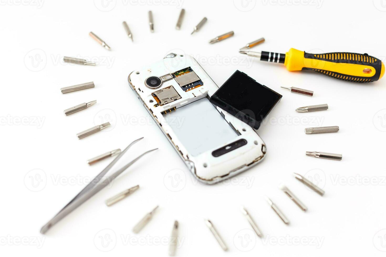 Flat Lay Top view of smartphone components isolate on white background with clipping path photo