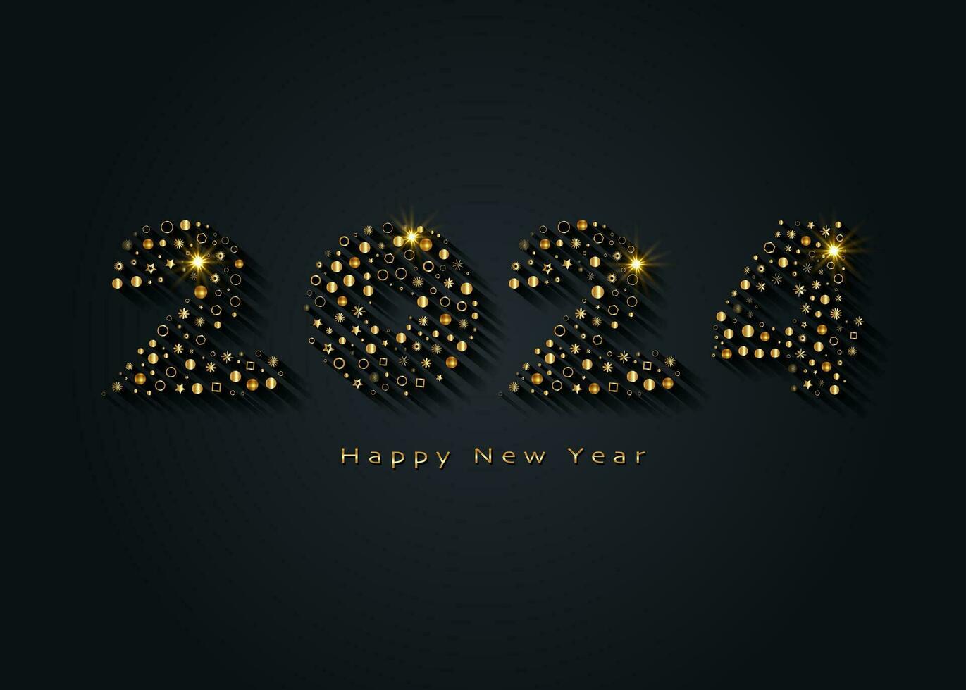 2024 New Year gold logo design. Holiday greeting card. Luxury number in mosaic tiles. Vector illustration for invitation, calendar, party, festive label, template isolated on black background