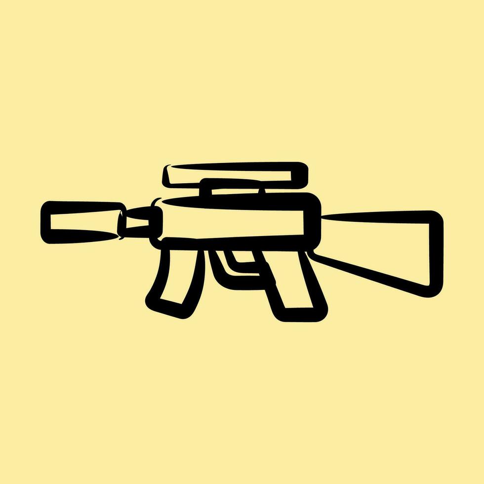 icono máquina pistola. militar elementos. íconos en mano dibujado estilo. bueno para huellas dactilares, carteles, logo, infografía, etc. vector