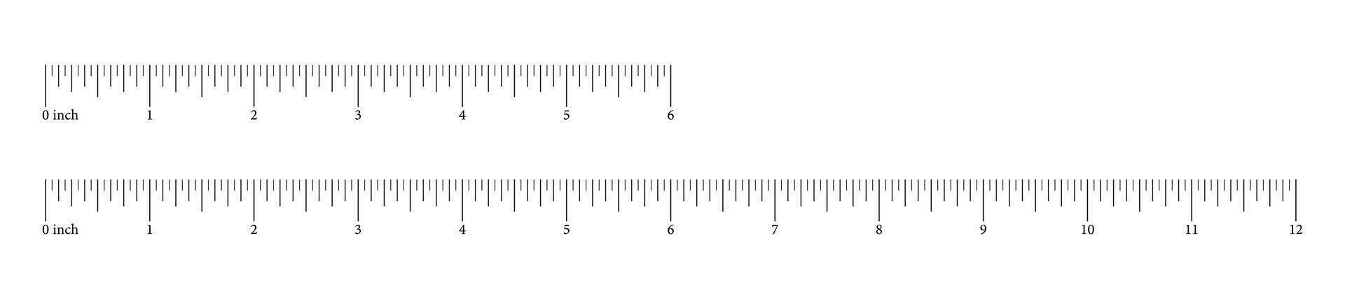 Ruler scale 6 and 12 inch, half foot and foot. Horizontal measuring charts. Height, length measurement scale with markup and numbers. Distance, geometric, sewing tool. Vector graphic illustration. Eps