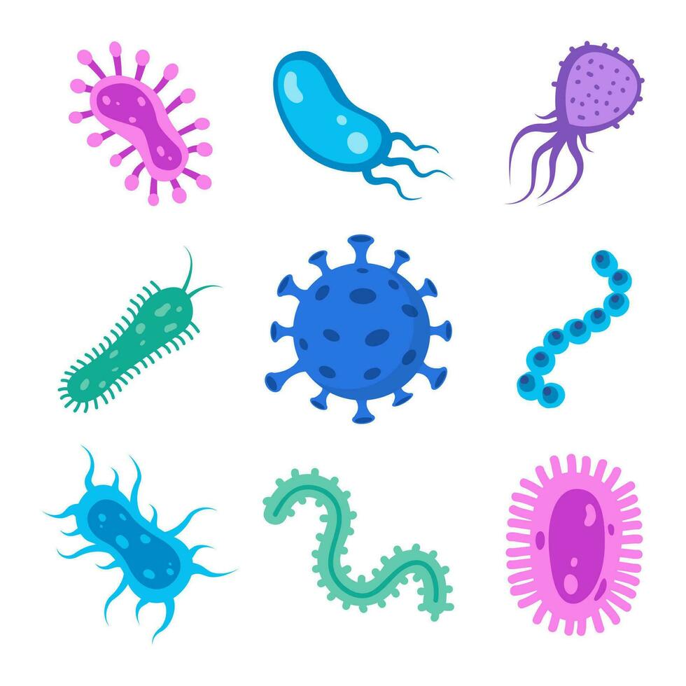 Different bacteria, pathogenic microorganisms, set. Bacteria and germs, microorganisms disease-causing, bacteria, bacteria, viruses, fungi, protozoa, probiotic. Vector illustration.