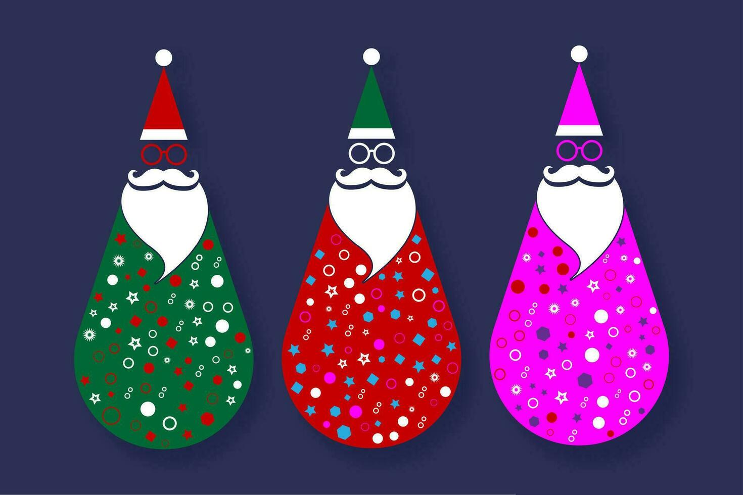 Santa Claus Christmas fashion hipster style set icons. Colorful Santa hats, moustache and beards, glasses. Xmas tilting toys for your festive design. Vector illustration isolated on blue background