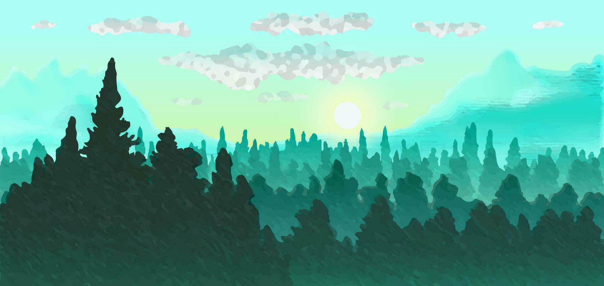 Vector panoramic landscape of forest with green and blue silhouettes of pine trees.