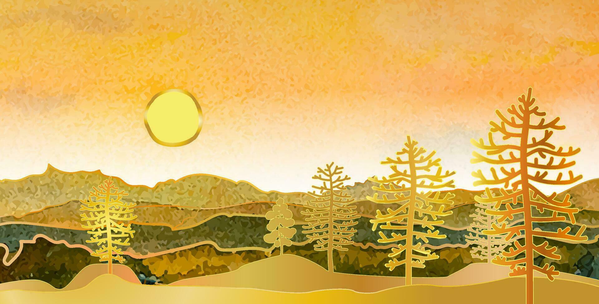 Landscape hills abstract art watercolor painting background with gold line mountains range. vector