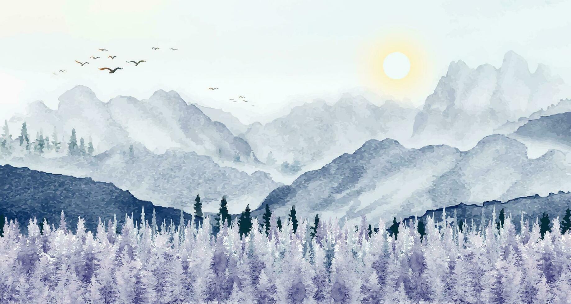 Minimal watercolor landscape with painting art background. vector