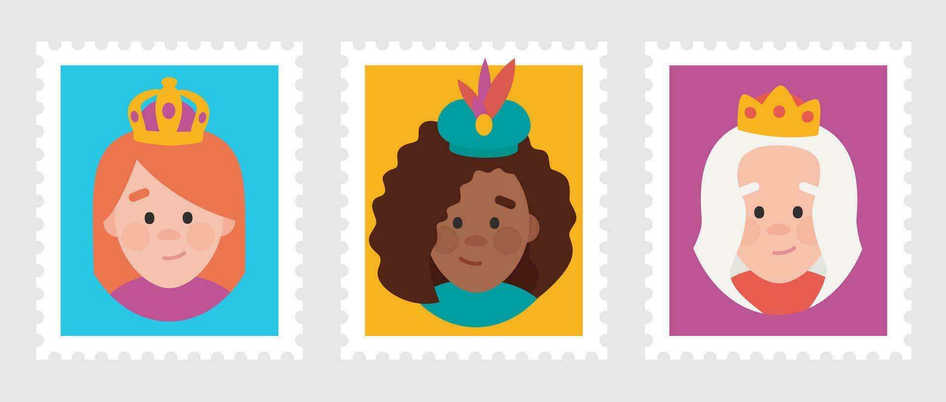 Stamps packs of the wise women. The three Queen of orient, Melchiora, Gasparda and Balthazara vector