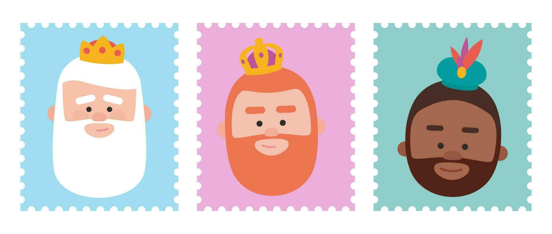 Cute Stamps packs of the wise men. The three kings of orient, Melchior, Gaspard and Balthazar. vector