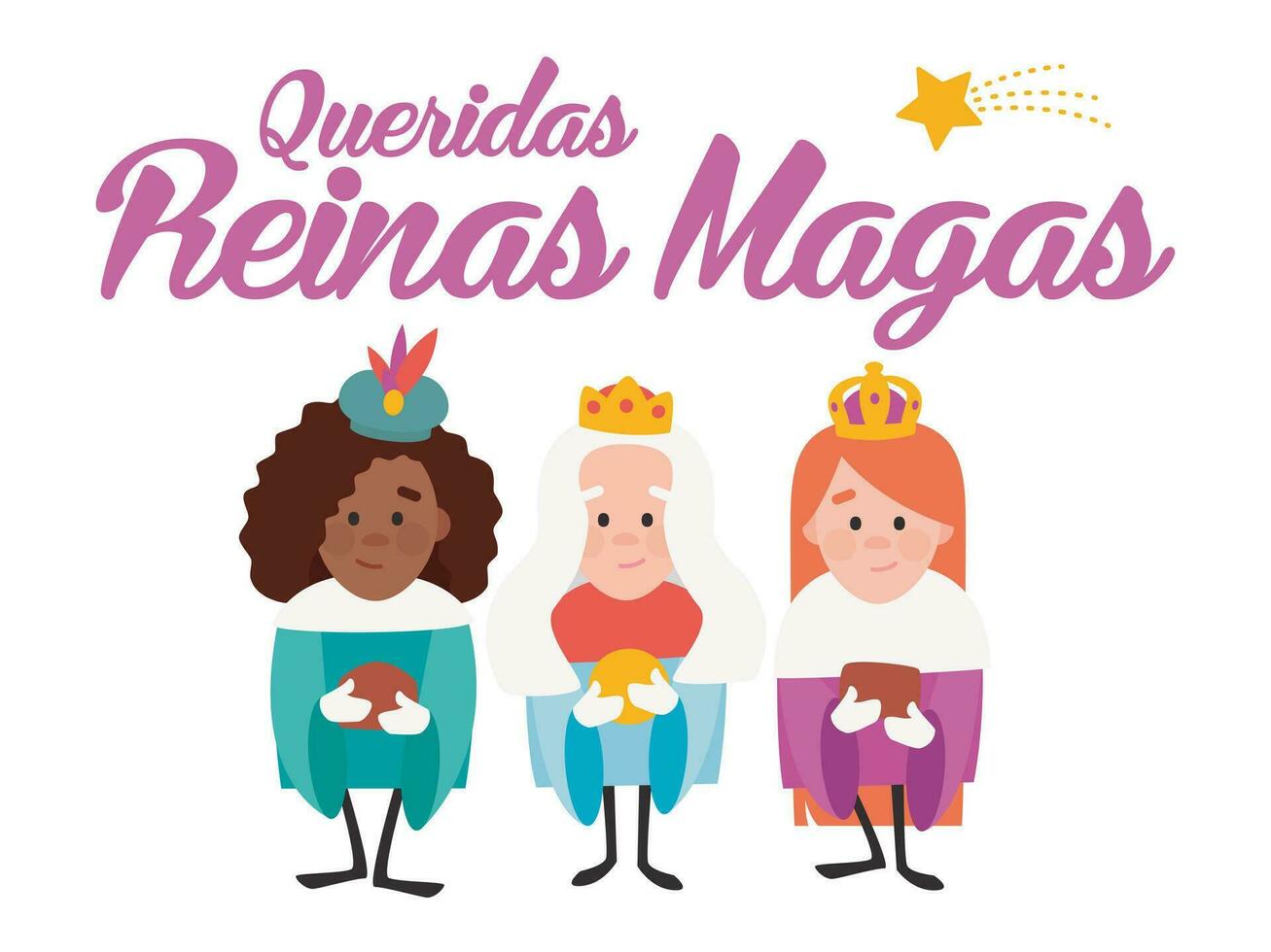 Dear wise women, written in Spanish. Three funny queens of orient. Christmas vectors