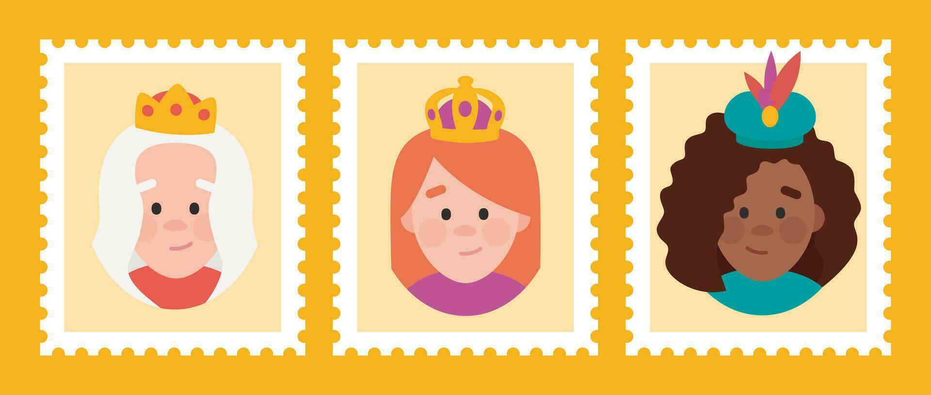 Funny yellow Stamps packs of the wise women. The three Queen of orient, Melchiora, Gasparda and Balthazara vector