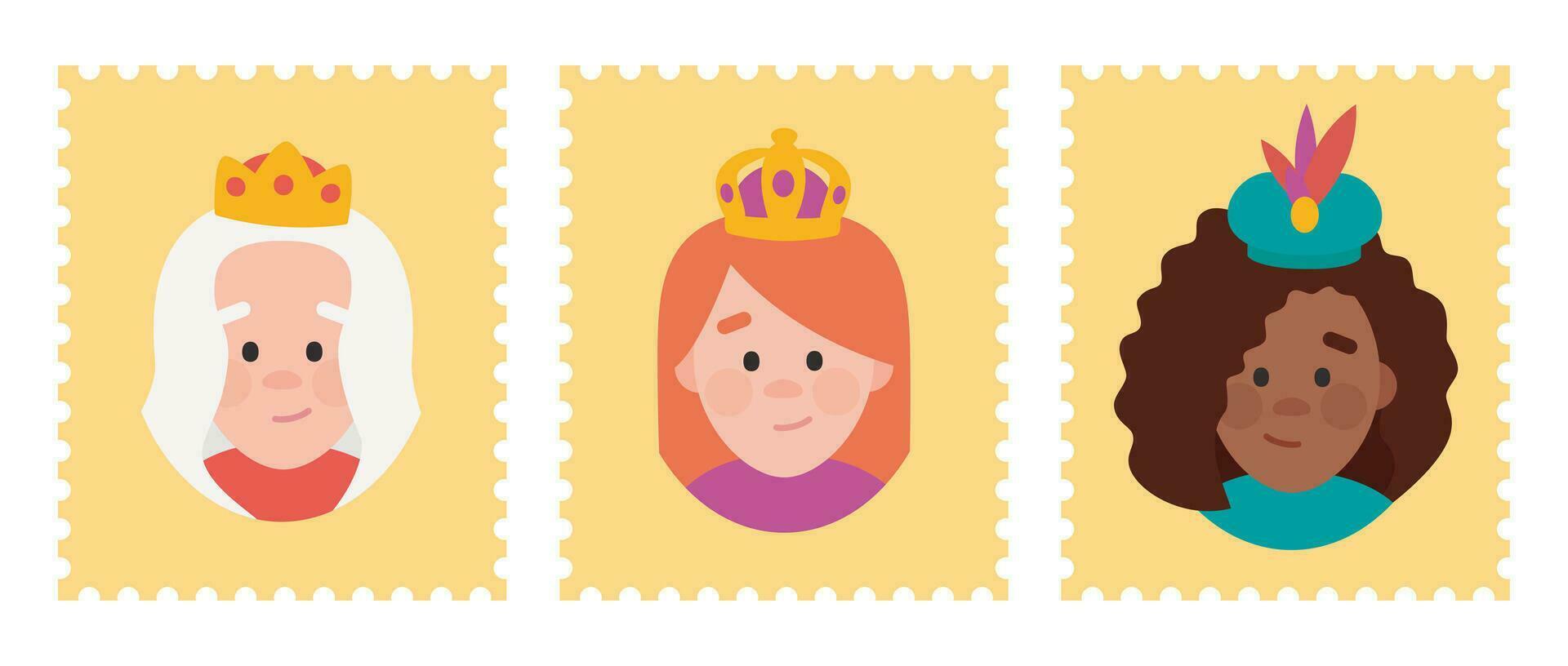 Cute yellow Stamps packs of the wise women. The three Queen of orient, Melchiora, Gasparda and Balthazara vector