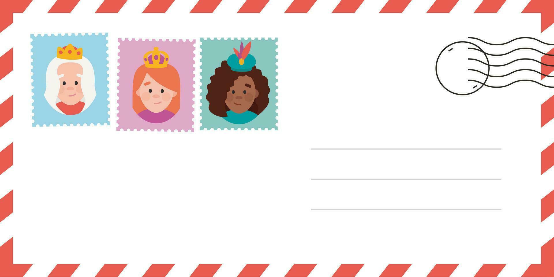 Envelope of the wise women. The three queens of orient, Melchiora, Caspara and Balthazara. Funny vectorized letter. vector
