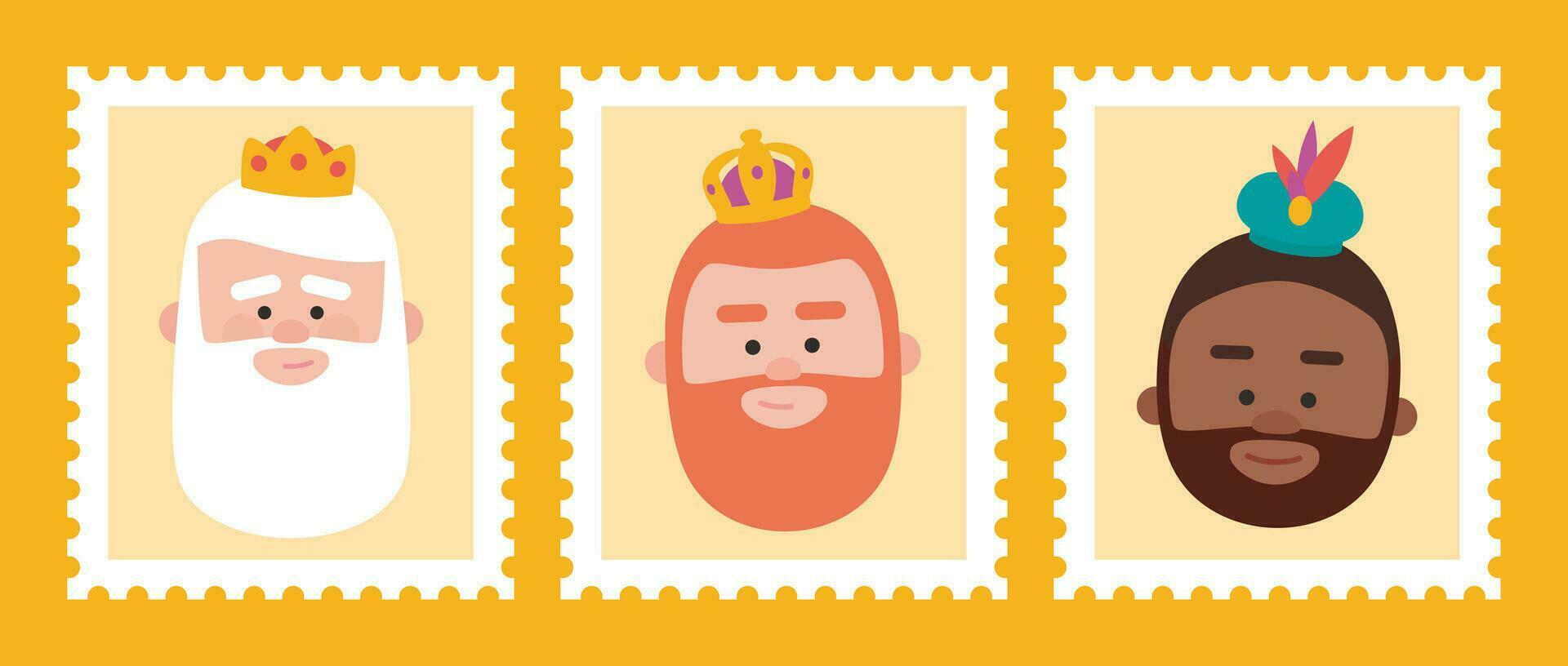 Funny Yellow Stamps packs of the wise men. The three kings of orient, Melchior, Gaspard and Balthazar. vector