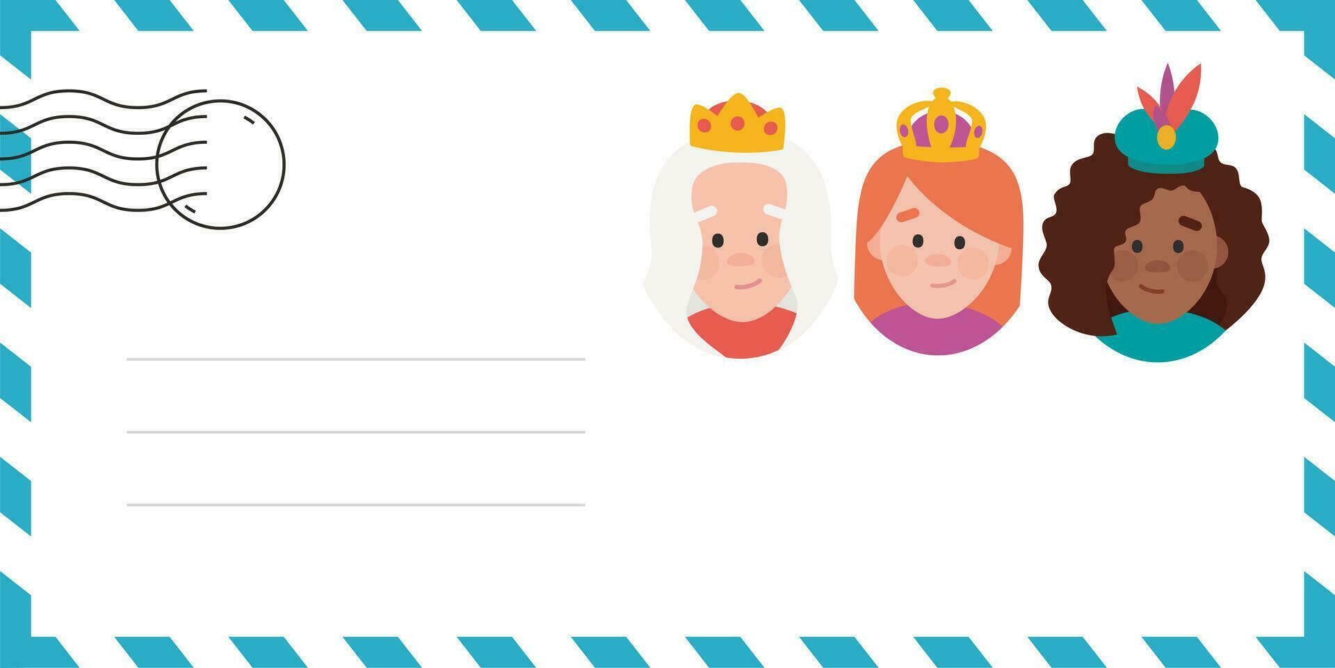Envelope of the wise women. The three queens of orient, Melchiora, Gasparda and Balthazara. Funny vectorized letter. vector