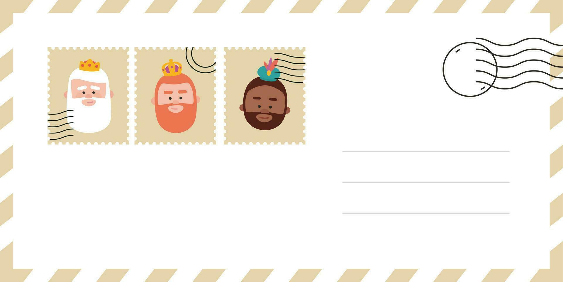 Envelope of the wise men. The three kings of orient, Melchior, Gaspard and Balthazar. Funny vectorized letter. vector