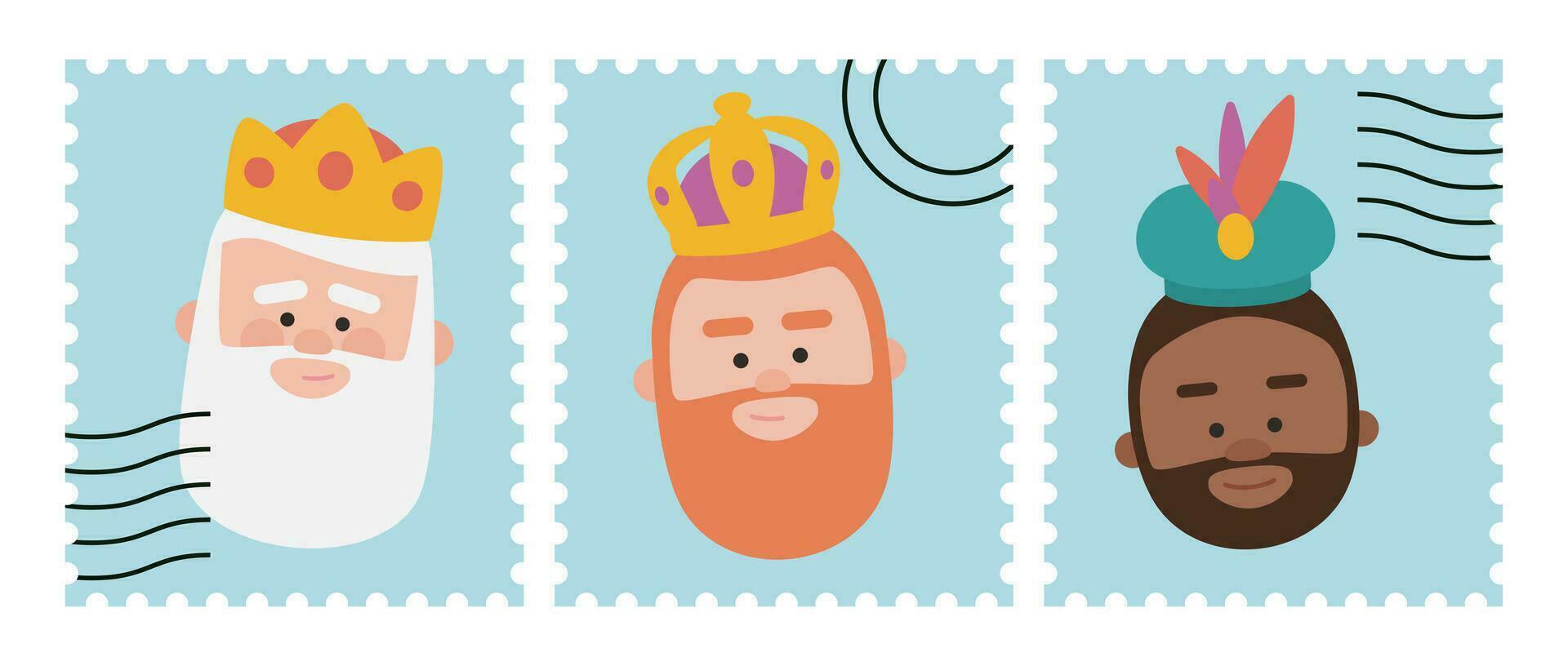 Funny Blue Stamps packs of the wise men. The three kings of orient, Melchior, Gaspard and Balthazar. vector