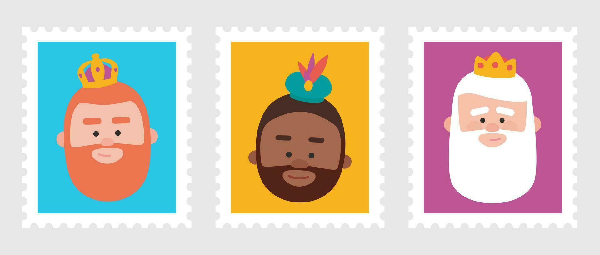 Cute Stamps packs of the wise men. The three kings of orient, Melchior, Gaspard and Balthazar. vector