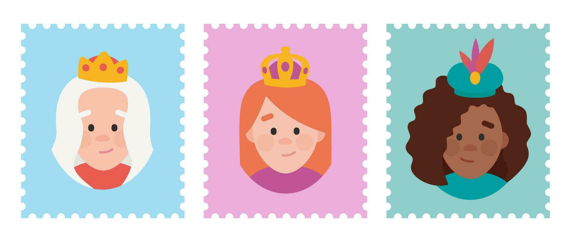 linda sellos paquetes de el sabio mujer. el Tres reina de orientar, melchora, gasparda y baltazara vector