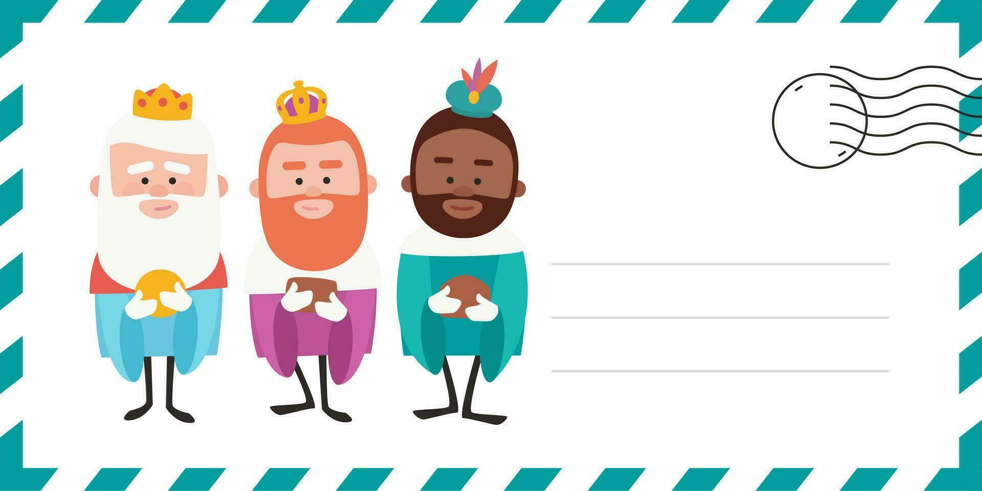 Envelope of the wise men. The three kings of orient, Melchior, Gaspard and Balthazar. Funny vectorized letter. vector