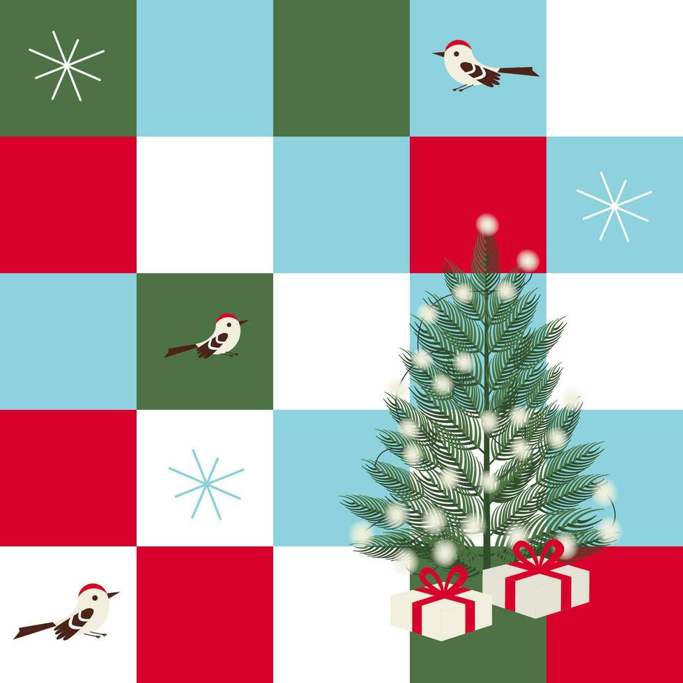 Navidad y nuevo año fiesta edredón vector sin costura fondo, labor de retazos modelo con Navidad árbol, luces, regalos, copos de nieve y aves.