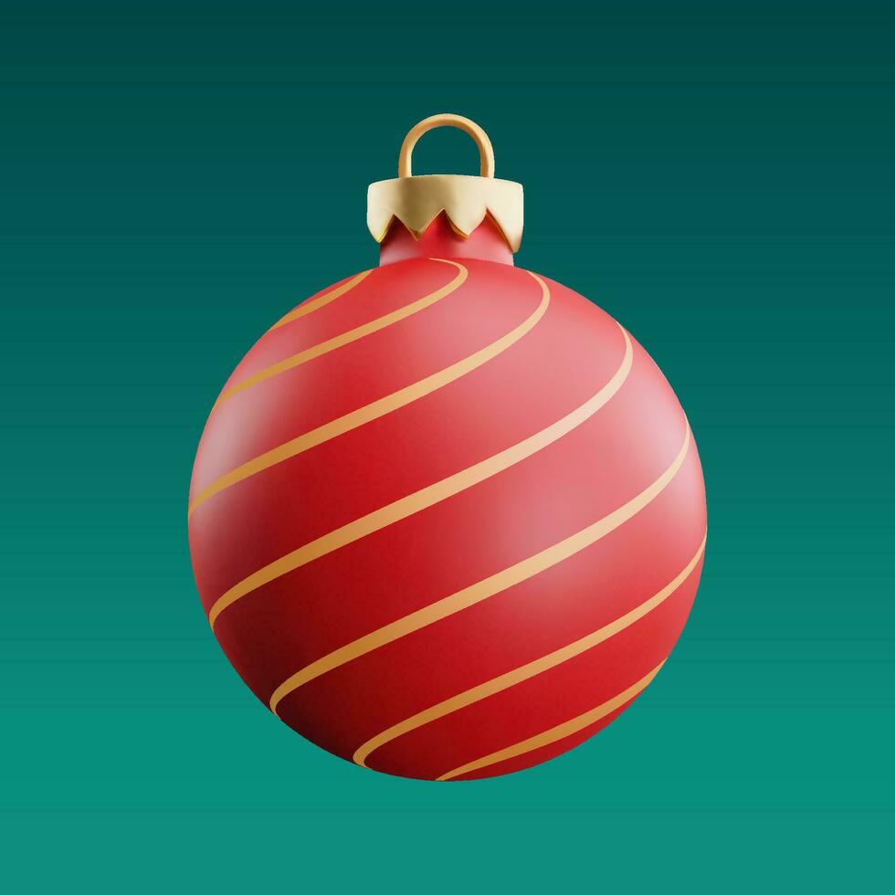 Christmas red glass ball ornament 3d icon with stripes pattern. Christmas ornament 3d vector illustration isolated on blue background.