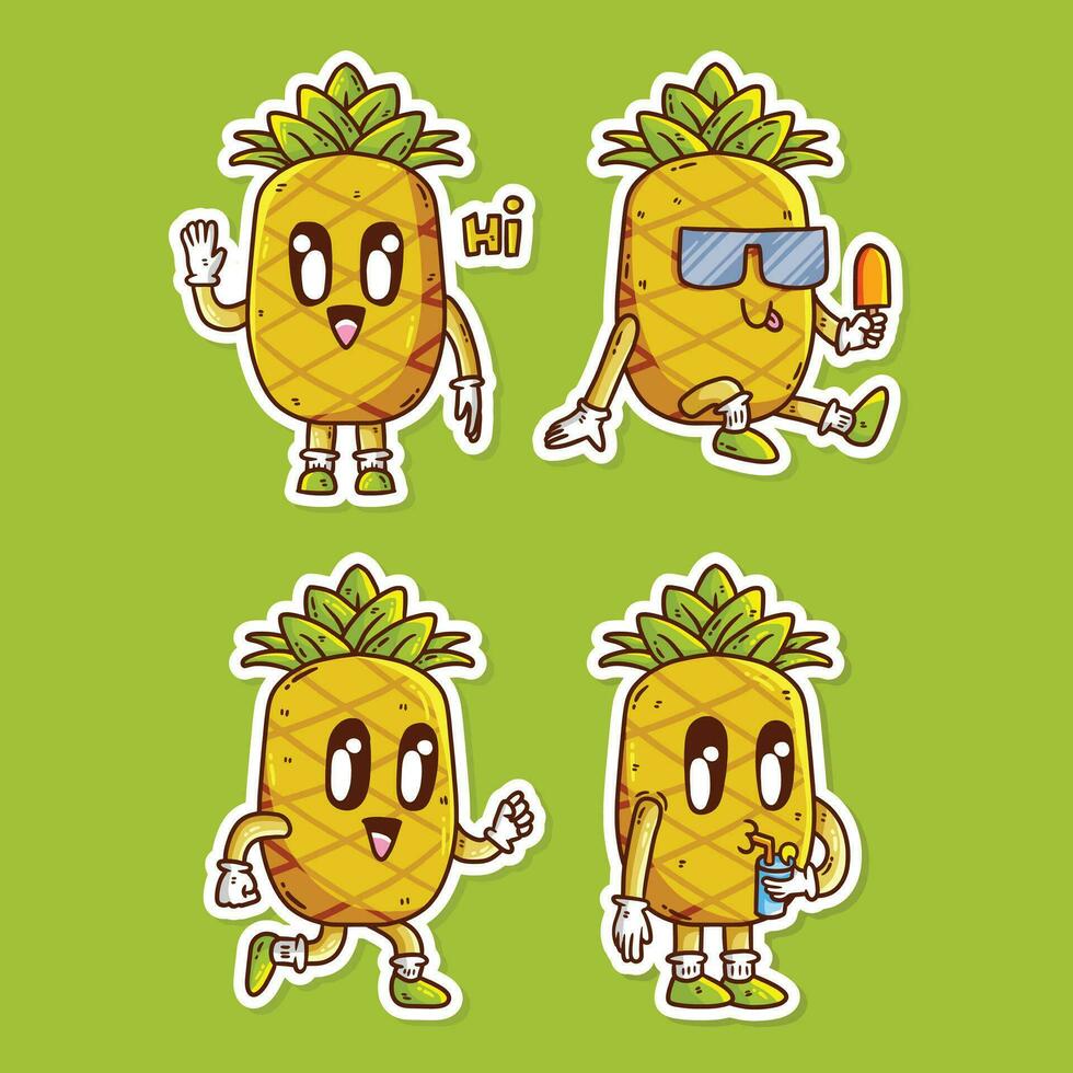 conjunto de linda contento piña Fruta mascota personaje vector dibujos animados ilustración. piña vector dibujos animados ilustración