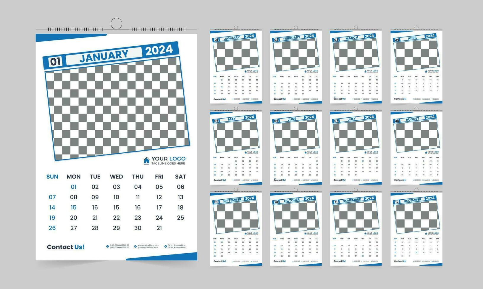 moderno profesional 2024 pared calendario diseño, 12 página alta calidad listo para imprimir calendario vector modelo