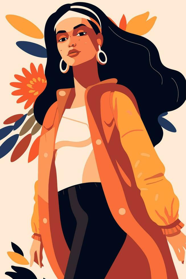Vector illustration of a beautiful fashionable woman in a bright orange coat.