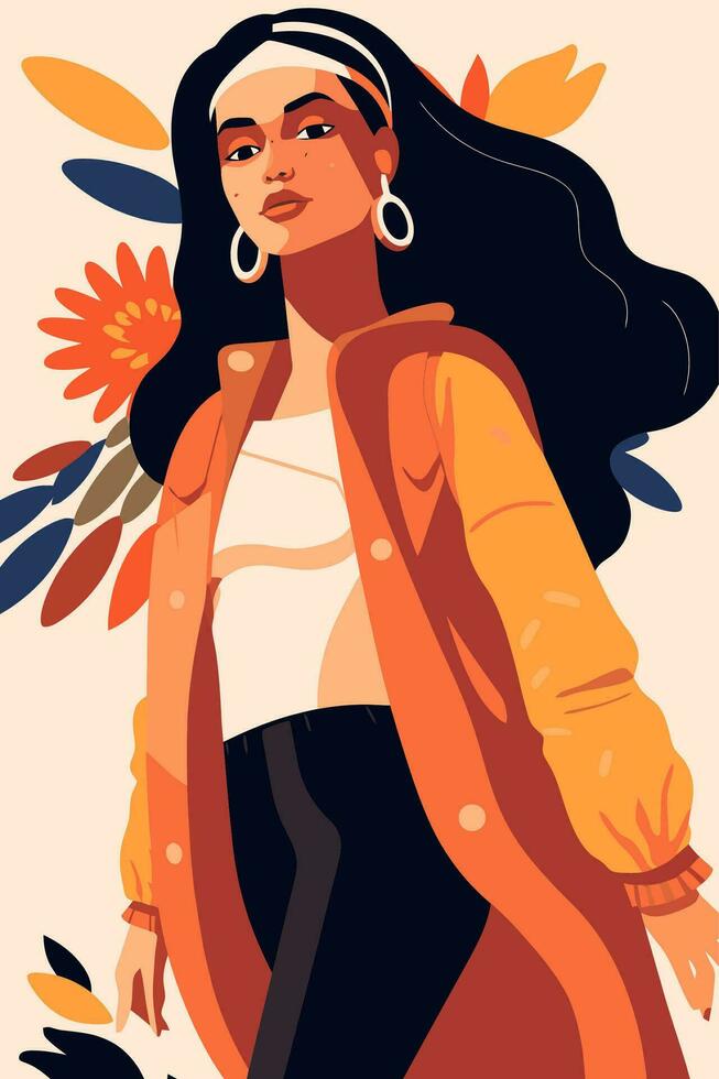 vector ilustración de un hermosa de moda mujer en un brillante naranja abrigo.