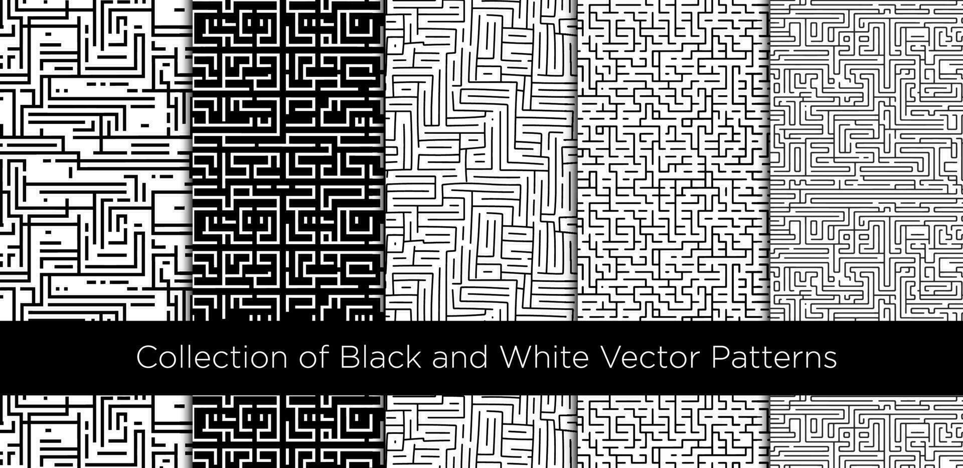 Set of black and white vector seamless patterns with maze. Endless backgrounds with labyrinths.