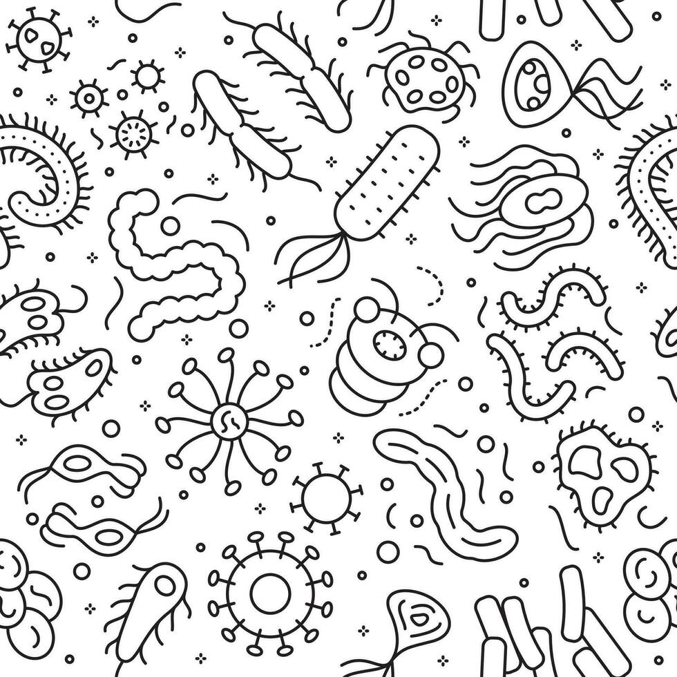 Microbes line icons. Seamless pattern. Background of microbes and viruses. Vector illustration.