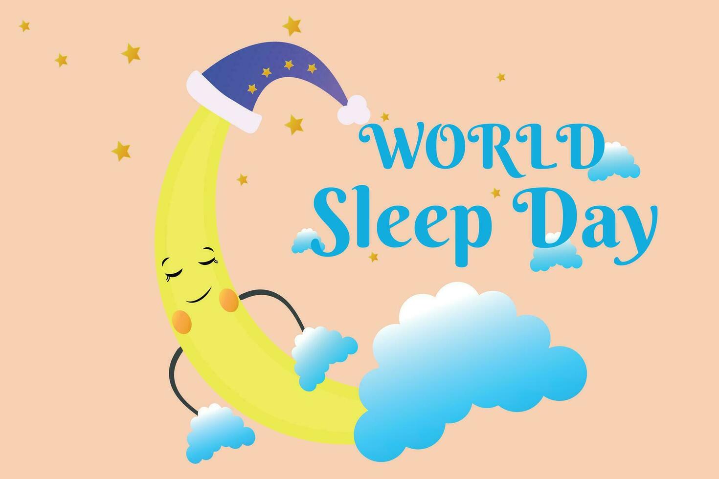 Banner for World Sleep Day with sleeping moon in the clouds. Vector illustration.