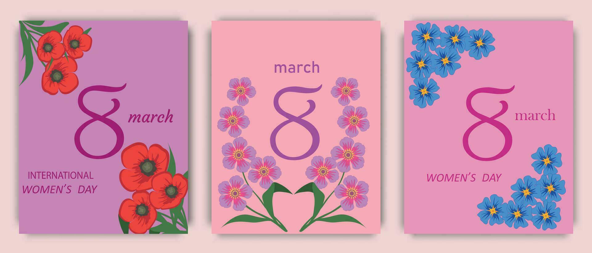 Womens Day March 8th. Set of holiday cards. Spring festive flower arrangement with poppies. Vector illustration.