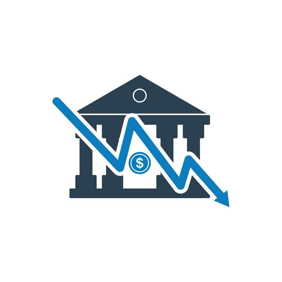 Banking Downfall Icon. With Bank and Arrow Symbols. Editable Flat Vector Illustration.