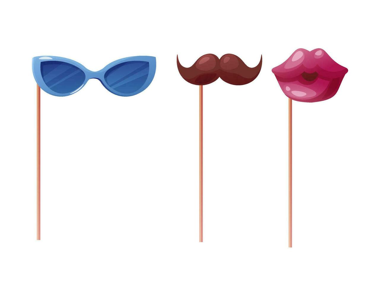 Photo booth props.Party accessories. Mustache, glasses, lips on a stick. Birthday photobooth element vector collection.